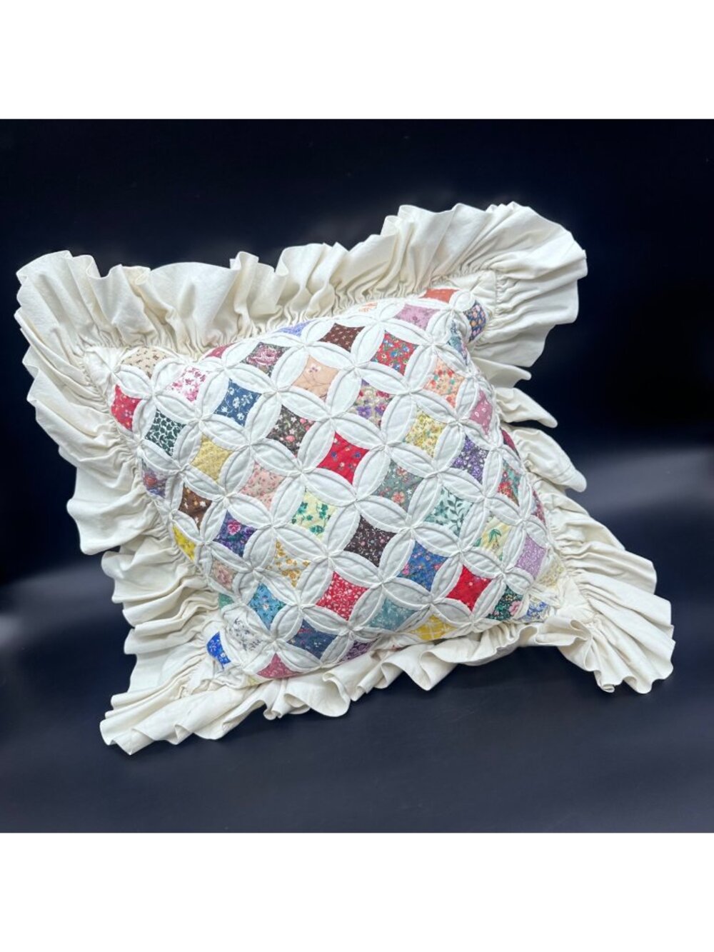 Vintage Quilted Throw Pillow Handmade Cathedral Window Ruffled Edges Patchwork